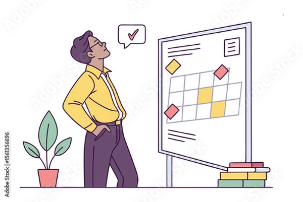 Fototapeta Visionary's Focus: A determined individual gazes thoughtfully at a strategic project board, embodying the essence of planning, progress, and visionary leadership. 
