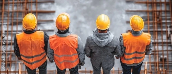 Fototapeta Four construction workers in orange safety vests and helmets observe a construction site from above. The scene highlights teamwork, safety, and the construction environment.