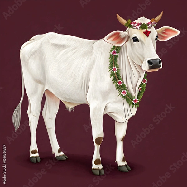 Obraz Full-body white Eid cow with painted forehead and decorative accents, shown in side profile with a festive and traditional appearance.