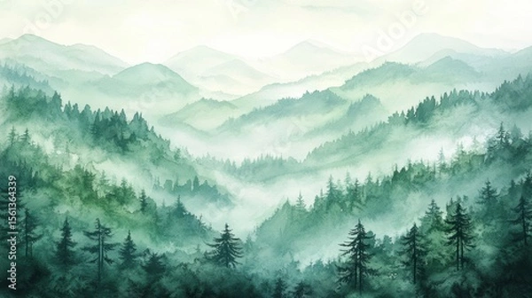 Fototapeta Watercolor of landscape forest misty mountains horizon and fog and hills,pine tree fir tree,Autumn forest background,drawn by hand,Autumn illustration design elements for landscape,wallpaper.