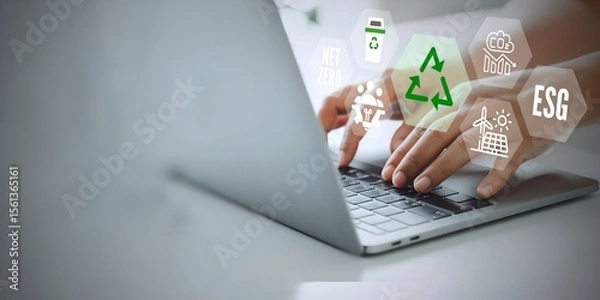 Fototapeta A business person using laptop with esg concept on visual screen.