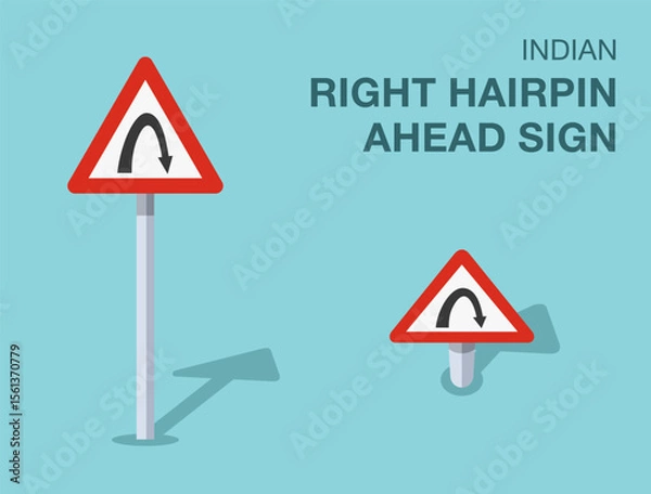Fototapeta Traffic regulation rules. Isolated indian "right hairpin ahead" road sign. Front and top view. Flat vector illustration template.