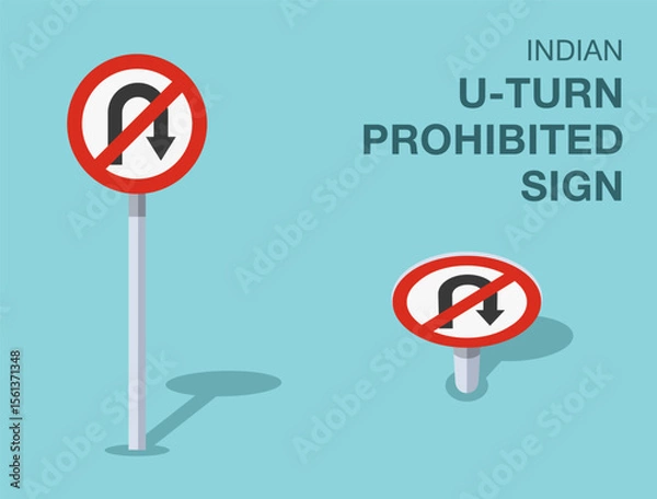 Fototapeta Traffic regulation rules. Isolated indian "u-turn prohibited" road sign. Front and top view. Flat vector illustration template.