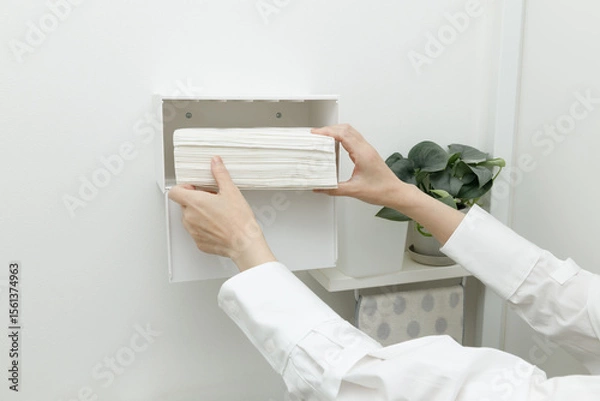 Obraz ペーパータオルをセットする女性の手