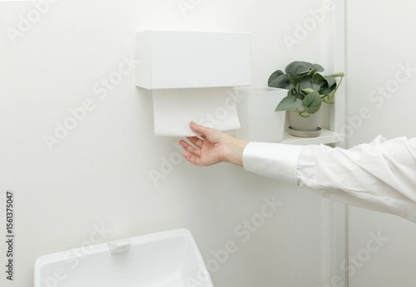 Obraz トイレでペーパータオルを使う女性の手