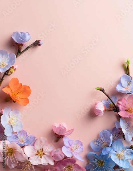Obraz Top view of cherry flowers in pastel color ( lilac,blue and coral) on pale pink background with copy space. Generated image