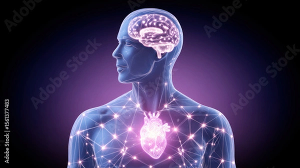 Fototapeta Transparent human silhouette with glowing brain and heart, neural network, digital anatomy, futuristic medical concept, purple background