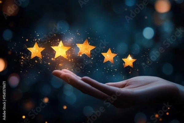 Obraz A hand holding a cluster of stars. The stars are glowing and appear to be floating in the air. Hand showcasing digital customer reviews with star ratings and avatars on a dark blurred background.
