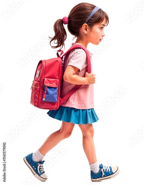 Fototapeta Schoolgirl walking to school with backpack, side view. White or transparent background.
