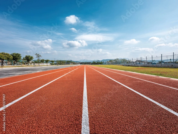 Fototapeta Red running track lines lead into distance under bright blue sky, creating sense of energy and motivation outdoors