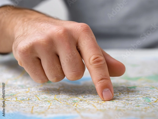 Fototapeta Finger pointing at location on paper map close up hand navigation travel planning journey exploration decision making focus direction