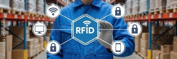 Fototapeta Warehouse worker interacts with rfid technology.