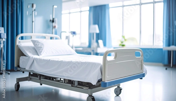 Fototapeta Close-up of an empty bed against a blurry background of a modern hospital.