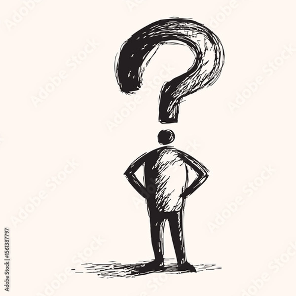 Fototapeta sketch of a stick figure with a question mark on head confused sketch hand drawn icon black isolated on white background vector line art