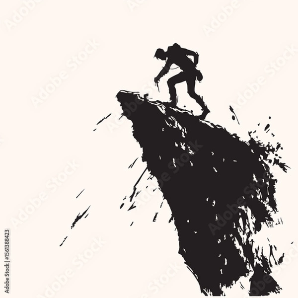 Fototapeta a silhouette of a person looking down a cliff illustration vector  hand drawn sketch line art grunge black isolated on white background