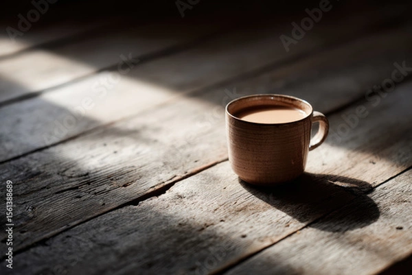 Obraz solitary cup of coffee resting on rustic wooden table illuminated by soft warm light