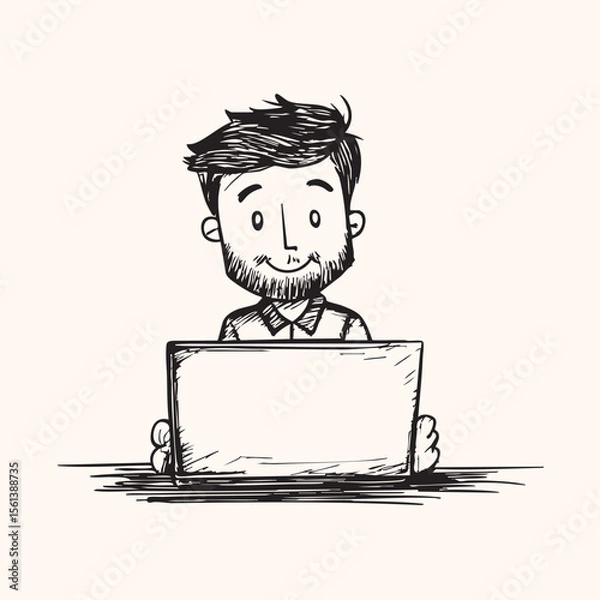 Fototapeta a happy man working in laptop cartoon sketch line art portrait black vector isolated on white background