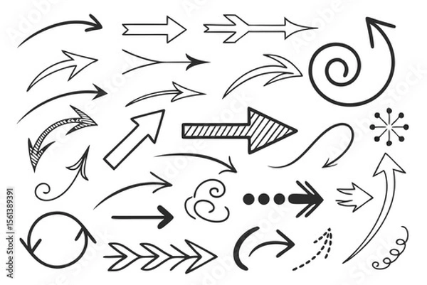 Fototapeta Vector Arrow Icons in Hand-Drawn Sketch Style Featuring Curved and Circular Black Lines. Perfect for UI Navigation Layouts, Infographics, and Creative Presentations.

