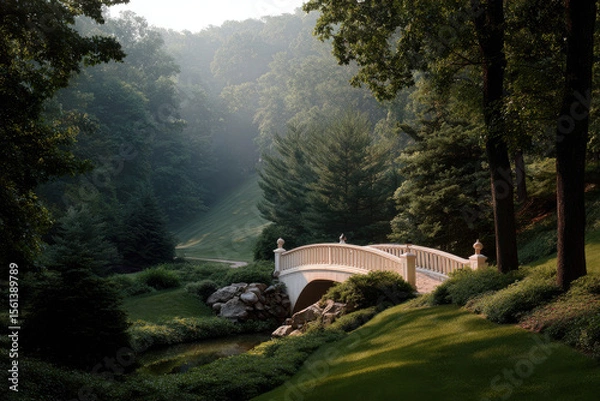 Obraz tranquil bridge gracefully arching over lush green slope bathed in warm soft light