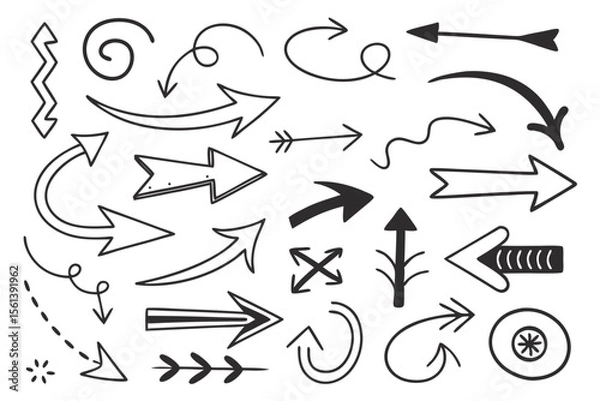 Fototapeta Curved and Circular Arrows in Hand-Drawn Vector Style. Black Sketch Icons for UI Navigation Layouts, Infographic Templates, and Creative Presentation Design Graphics.

