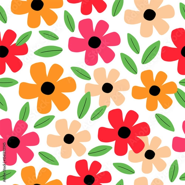 Fototapeta Seamless pattern with colorful flower. Cute hand drawn floral pattern for your fabric, summer background, wallpaper, backdrop, textile. Vector illustration