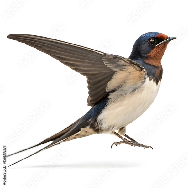 Fototapeta A swallow is posing in a straightforward manner, isolated on a white background.