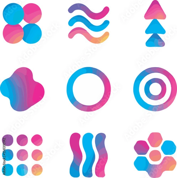 Fototapeta Abstract Gradient Shapes and Icons Set Featuring Organic and Geometric Designs
