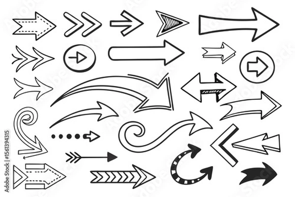 Fototapeta Hand-Drawn Arrow Set in Sketch Vector Format. Circular and Zigzag Black Arrows for UI Navigation Symbols, Infographic Charts, and Web Design Presentation Templates.

