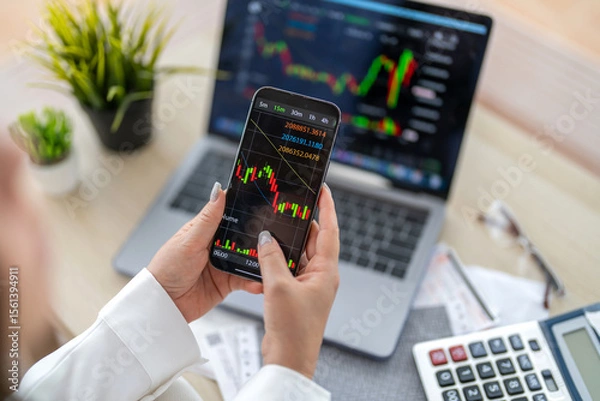 Fototapeta Business people with stock market chart financial trading, online investment, stock exchange analysis, market trends, real-time trading data, forex and crypto trading economic forecasting tool