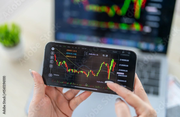 Fototapeta Business people with stock market chart financial trading, online investment, stock exchange analysis, market trends, real-time trading data, forex and crypto trading economic forecasting tool