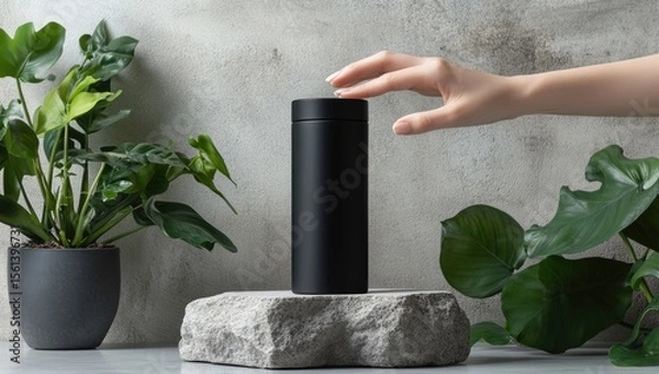 Obraz A woman's hand gently touches a black cylindrical tumbler, placed on a stone pedestal amidst lush greenery