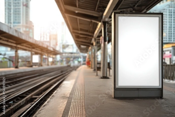 Obraz Blank mock up of vertical street poster billboard on train station Background.