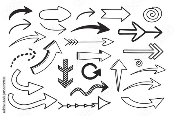 Fototapeta Hand-Drawn Arrows in Doodle Sketch Style Featuring Black Vector Icons with Circular, Swirled, and Zigzag Lines for Navigation UI, Infographics, and Presentation Designs.

