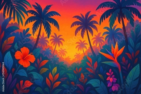 Fototapeta Vibrant tropical foliage and palm trees at sunset jungle hibiscus