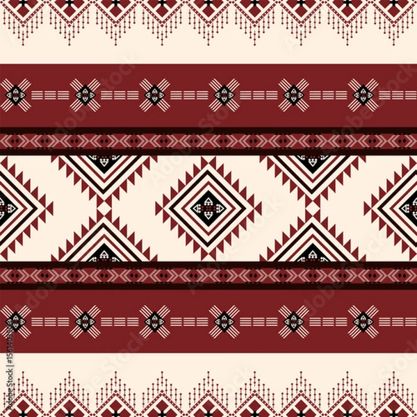 Fototapeta Navajo-inspired southwest seamless pattern with Native American and Aztec ethnic diamond motifs in burgundy and cream tones, perfect for textiles, rustic decor, or tribal fashion themes.
