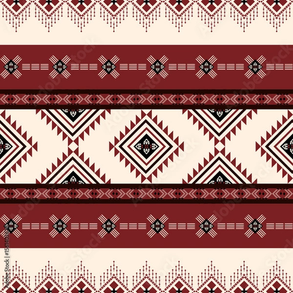 Fototapeta Navajo-inspired southwest seamless pattern with Native American and Aztec ethnic diamond motifs in burgundy and cream tones, perfect for textiles, rustic decor, or tribal fashion themes.