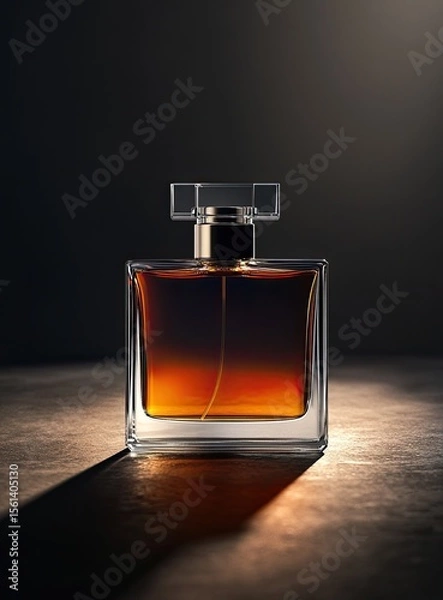 Obraz A square perfume bottle, amber-hued liquid, dramatic lighting
