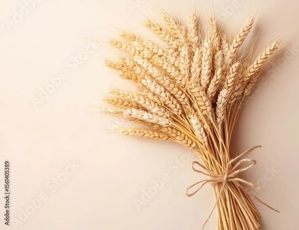 Obraz A bunch of golden wheat stalks tied with twine, set against a pale peach background