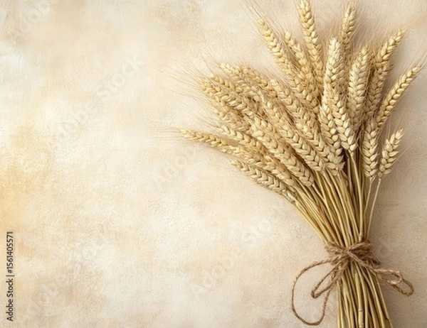 Obraz A cluster of golden wheat stalks tied with twine sits in the upper right corner of a light beige textured background