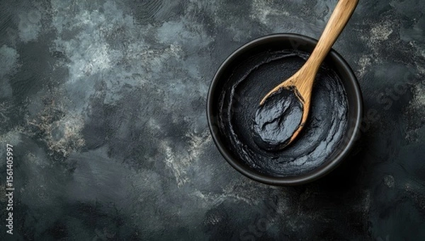 Obraz Dark clay mask in bowl with wooden spoon