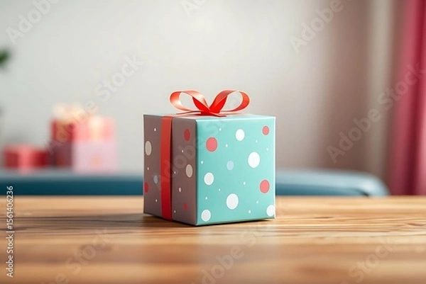 Fototapeta Adorable and charming 3D-rendered cube-shaped gift box with a ribbon, perfect for festive scenes, holiday packaging concepts, and cheerful decorative digital illustrations