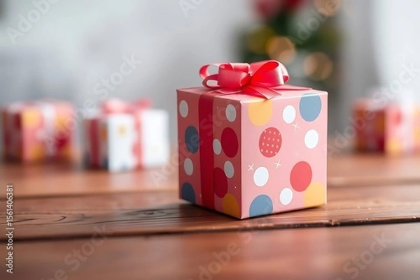 Fototapeta Adorable and charming 3D-rendered cube-shaped gift box with a ribbon, perfect for festive scenes, holiday packaging concepts, and cheerful decorative digital illustrations