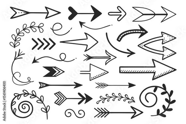 Obraz Hand-Drawn Sketchy Arrows Collection. Grunge Arrow Icons in Straight, Swirled, and Circular Styles for Infographics, Creative Presentations, and Navigation Symbols.

