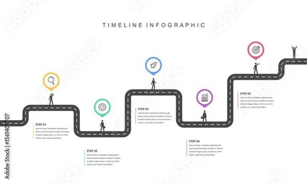 Obraz Business road map timeline infographic concept. with icons and 5 steps, Corporate milestones graphic elements. workflow layout, diagram, report, web design. Creative, Vector illustration.