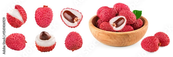 Obraz Fresh lychee with leaves in wooden bowl isolated on white background. clipping path