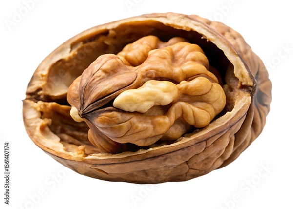 Fototapeta  cracked open walnut with visible nut isolated on white background, PNG