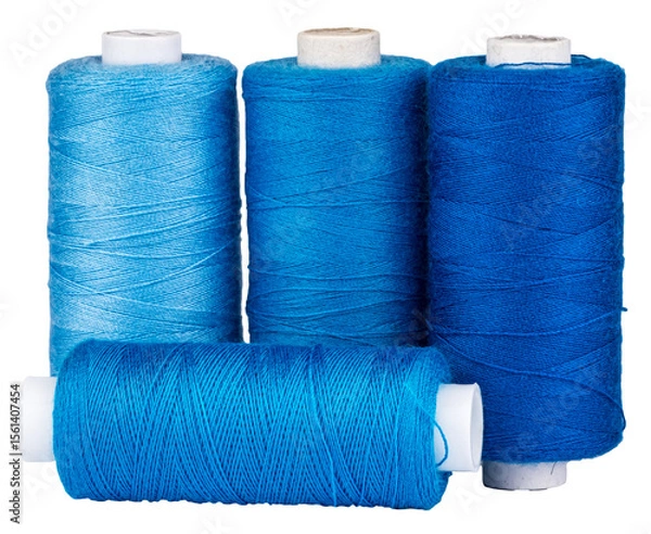 Fototapeta Spools with blue thread for sewing, craft supply, isolated objects on transparent png background