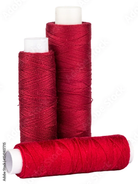 Fototapeta Spools with red thread for sewing, craft supply, isolated objects on transparent png background