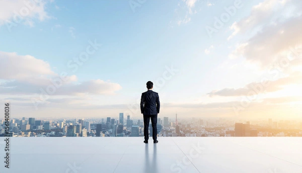 Obraz 都会の高層ビルの屋上に立つ日本人サラリーマンが大都会の街並みを望む後ろ姿