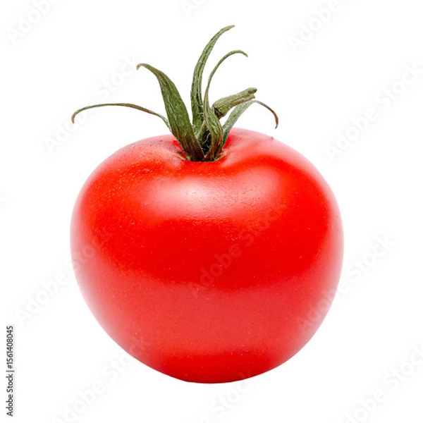 Fototapeta Red tomato with green leaves, isolated on transparent png background